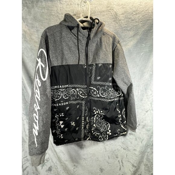 Reason Brand sweatshirt Men's Medium Black & Gray Hoodie  "Reason" Sleeve Print - Picture 7 of 12